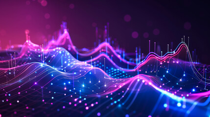 Abstract background of graphs and numbers in neon color. Histograms of blue and purple colors, indicating sales growth. Successful business. Concept of sales growth, success.
