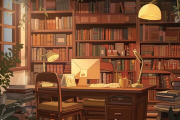 Rustic home office with books, cozy vibe, Generative AI