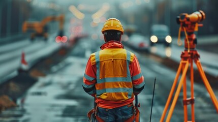 An engineer meticulously inspects newly paved roads, ensuring precision and safety. Perfect for stock photos depicting infrastructure development.