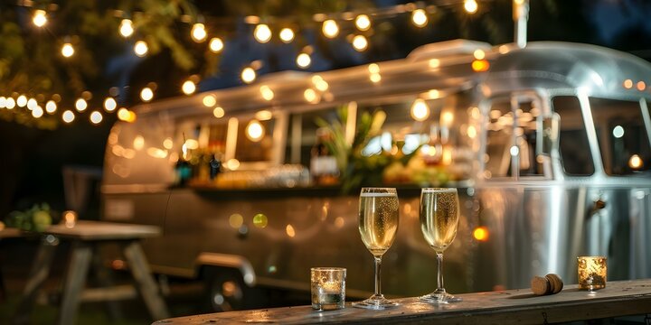 Elegant silver food truck offering champagne appetizers in the glow of city lights at a wedding. Concept Wedding catering, Food truck, Champagne appetizers, City lights, Silver theme