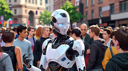 Futuristic humanoid robot interacting with a diverse group of people in a bustling city square, showcasing advanced technology integration in daily life

