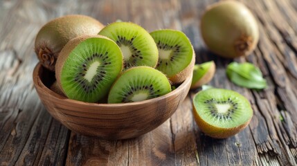 A wooden bowl of kiwi fruit on a wooden table.