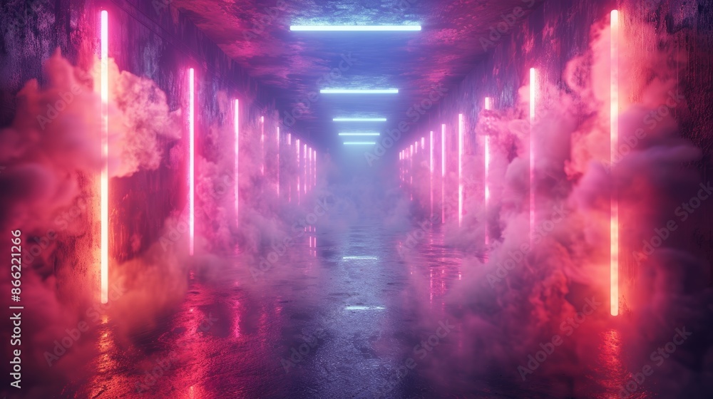 Poster abstract neon light patterns and smoke in a dark, empty urban environment with reflective surfaces.