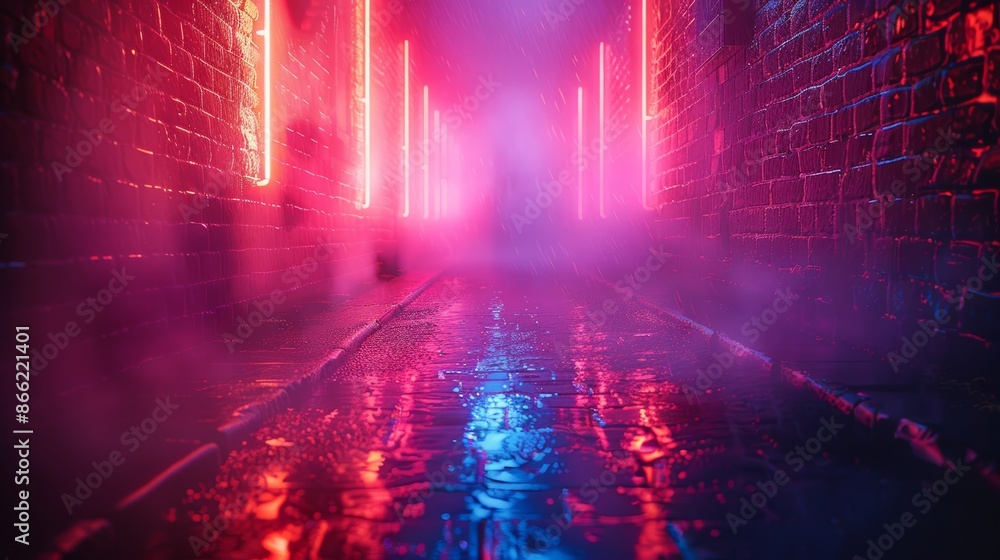 Aufkleber abstract neon lights casting colorful glows and reflections in a foggy, empty alleyway.