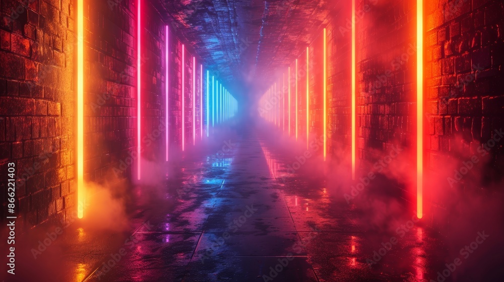 Poster abstract neon lights casting colorful glows and reflections in a foggy, empty alleyway.