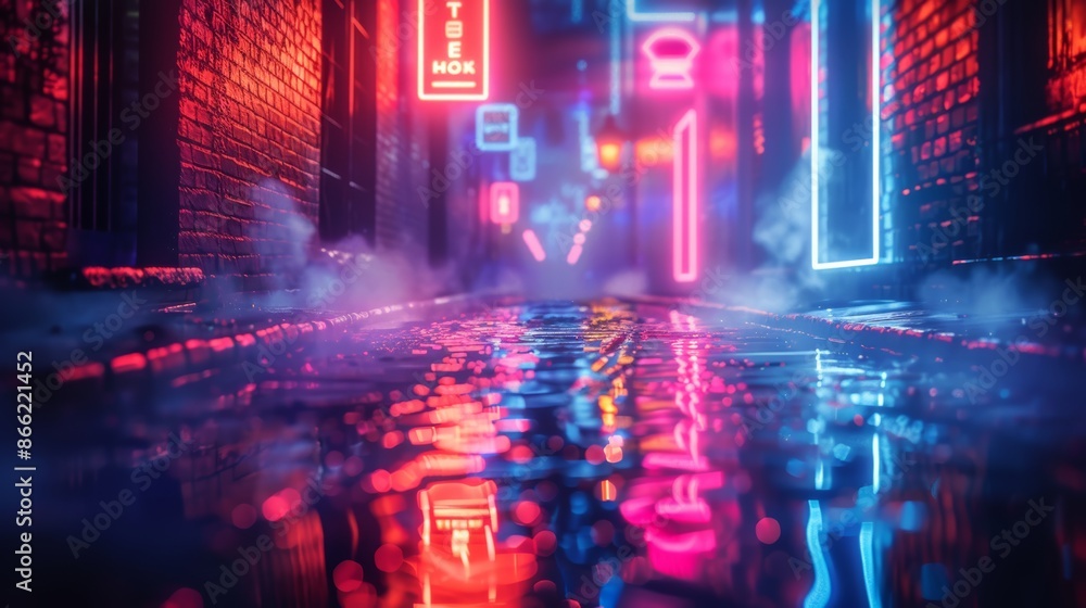Poster abstract neon lights casting colorful glows and reflections in a foggy, empty alleyway.