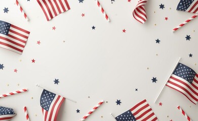 Obraz premium Patriotic American flag-themed party supplies with confetti and straws