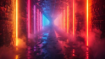 Naklejka premium Abstract neon lights casting colorful glows and reflections in a foggy, empty alleyway.