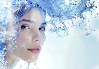 Stunning woman with flowing blue hair surrounded by splashing water in vibrant portrait