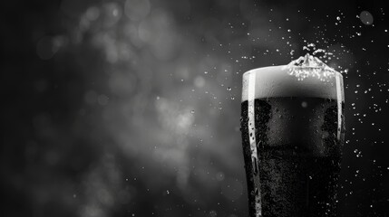 Horizontal banner. International Beer Day. A glass of cold light beer on a dark table. Black an white photo. Free space for text, copy space