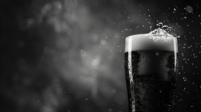 Horizontal banner. International Beer Day. A glass of cold light beer on a dark table. Black an white photo. Free space for text, copy space