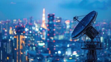 Satellite dish on a tower against a city backdrop