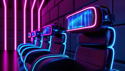 Futuristic classroom with holographic displays and VR headsets, neon colors, digital art