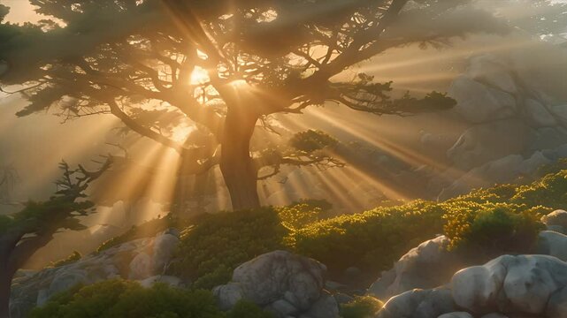 Pushing towards a Monterey Cypress tree in Big Sur at sunset as the light shoots through trees creating light rays shooting through the scene.