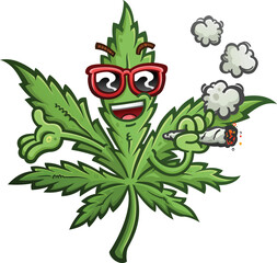 Marijuana leaf cartoon character with a cool attitude wearing red sunglasses smoking a joint with open hugging arms 