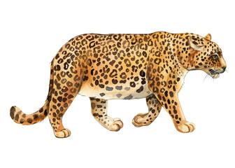 Obraz premium Leopard watercolor isolated on white background, realistic hand-drawn jaguar. African cute animal, Wild big cat illustration, predator. High quality illustration