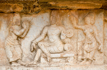 Mural sculpture on stone at Royal Enclosure. Base of Mahanavami Dibba or the Dussehra Platform. Hampi, Karnataka, India, Asia. 