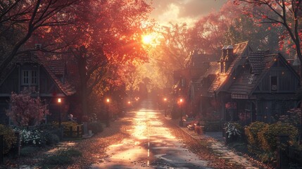 An empty street in a rural village at twilight, with the last rays of sunlight barely illuminating the scene.