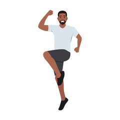 Young man jumping from triumph and celebration, achieve goal. Flat vector illustration isolated on white background