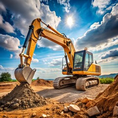 The excavator. construction equipment. An excavator with a bucket that digs/digs the earth/pit