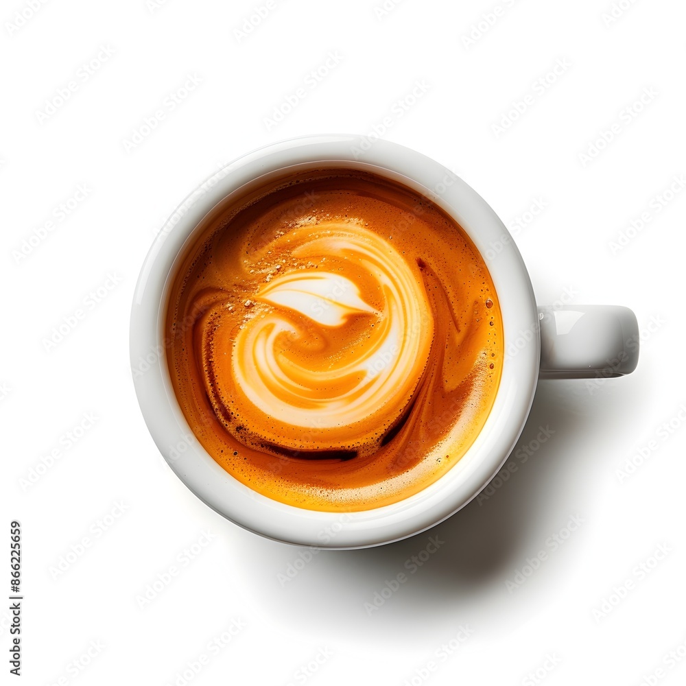 Poster freshly brewed espresso with swirling creamy foam on a pristine white background with subtle shadow