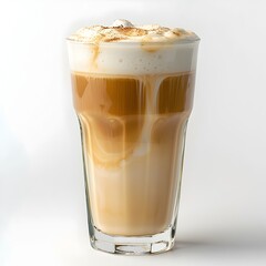 Tall Glass of Frothy Latte with Coffee Drink Isolated on Clean White Background