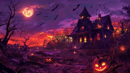 Spooky Haunted House at Sunset with Eerie Atmosphere and Flying Bats on Halloween Night