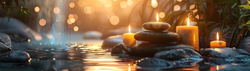 Serene Spa Setting with Candles Smooth Stones and a Soothing Fountain for Relaxation and Tranquility