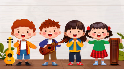 Children participating in a music class, playing various instruments, bright and cheerful