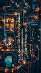 Intricate Machinery and Illumination of an Oil Refinery at Night