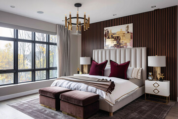 A modern and elegant bedroom with stylish decor, featuring a large bed with plush pillows, and large windows