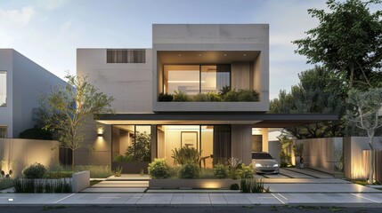Obraz premium Chic townhouse with a minimalist design, small garden, and modern facade