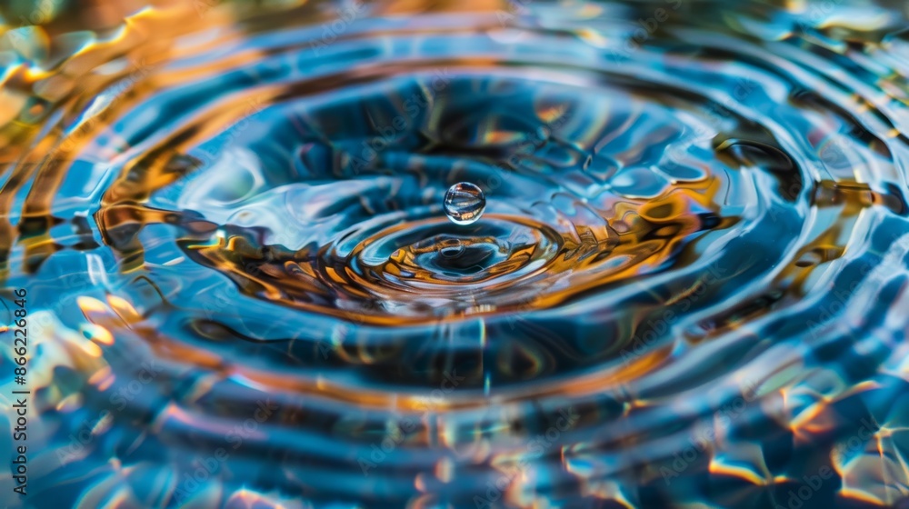 Leinwandbilder Clear droplet of water interacting with a glassy water surface, causing minimal disturbance and creating soft, concentric waves