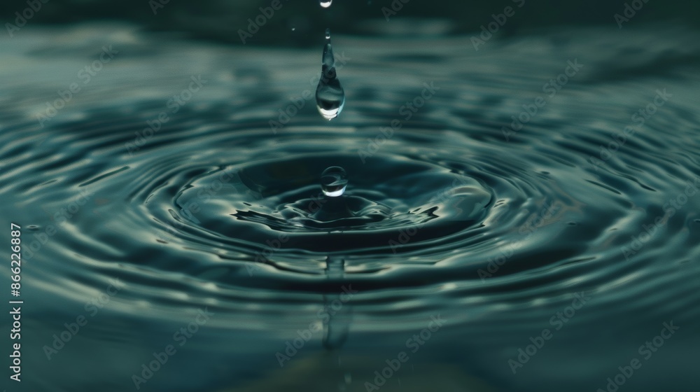 Aufkleber Clear droplet of water interacting with a glassy water surface, causing minimal disturbance and creating soft, concentric waves