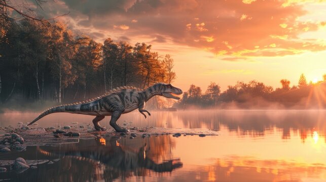 Albertosaurus dinosaur on the lake shore at sunset