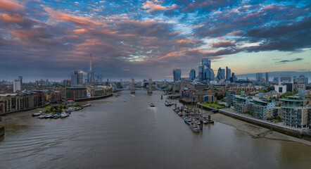 Aerial view of the Tower bridge in London, UK. The center of London over river Thames. Capital of...