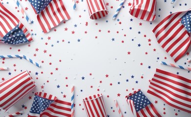 Obraz premium Patriotic American flag-themed party supplies with confetti and straws