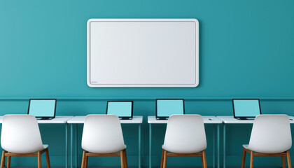 Digital classroom with interactive whiteboards and tablets, clean design, futuristic, illustration