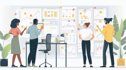 Colleagues in a trendy office, surrounded by charts and notes on the walls, actively engaging in a creative discussion