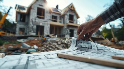 Fototapeta premium Construction worker pointing at specific sections of blueprints, with a house being built in the background