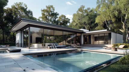 Fototapeta premium Contemporary home with sleek design, glass walls, and a beautiful pool area