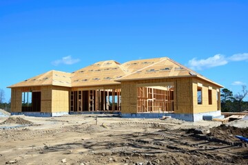 Construction Site Home. Abstract Wood Framing of House at Construction Site