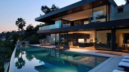 Obraz premium Contemporary home with sleek design, glass walls, and a beautiful pool area