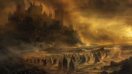 Fototapeta premium An army of the undead storms the castle on the edge of the beach