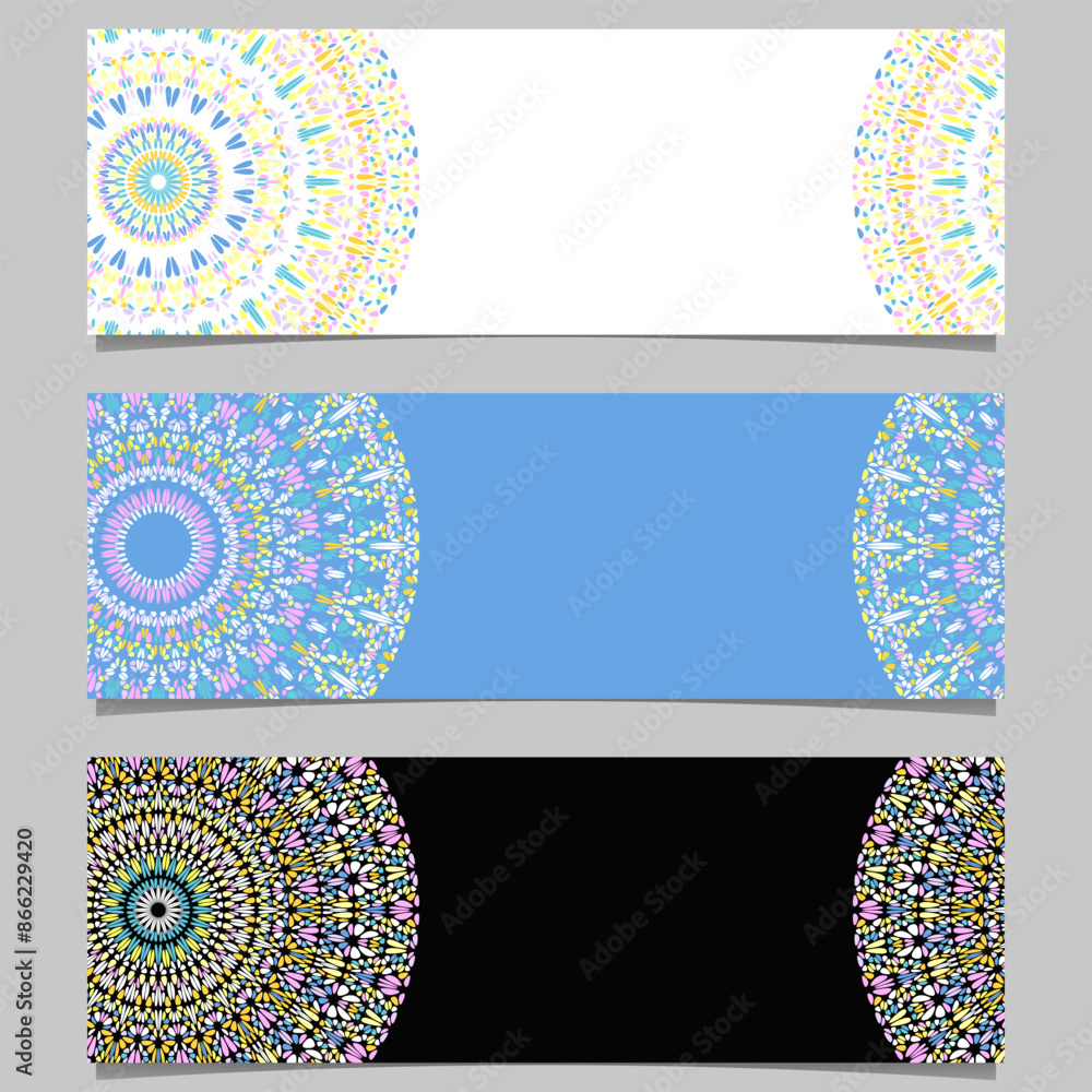 Poster geometrical horizontal stone mandala banner template set - abstract colorful vector graphics with cu