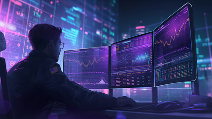 Fototapeta premium A man is sitting at a desk with three computer screens displaying financial data. Stock Exchange numbers in the background