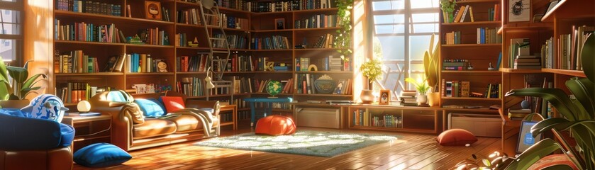 Fototapeta premium A cozy children s library with storytime and imaginative decor, Homely, Warm tones, Illustration, highlighting learning and creativity