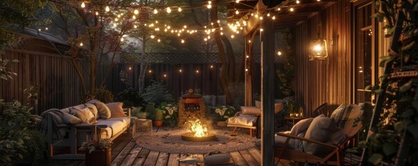 Fototapeta premium A cozy outdoor patio with a fire pit, string lights, and comfy seating, Homely, Warm tones, Illustration, creating an inviting and relaxed atmosphere