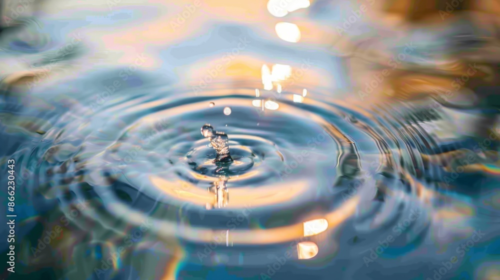 Poster crystal clear droplet of water splashing into a reflective water surface, creating gentle circular r