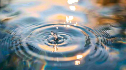 Crystal clear droplet of water splashing into a reflective water surface, creating gentle circular ripples